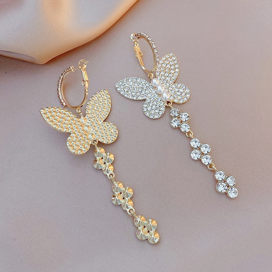 Shiny Big Butterfly with Rhinestone Tassel Earrings