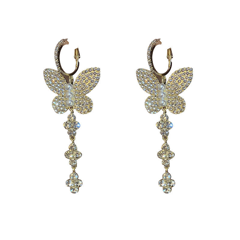 Shiny Big Butterfly with Rhinestone Tassel Earrings