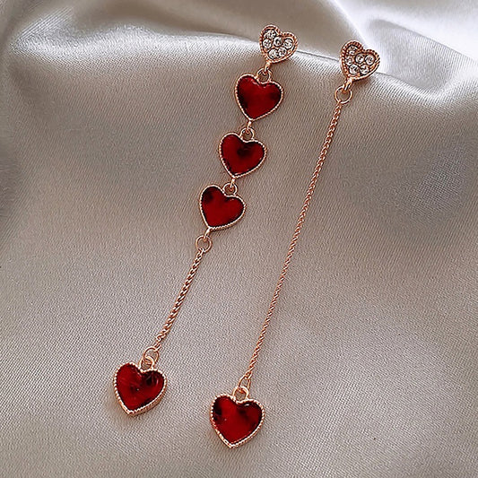 Asymmetric Red Hearts Long Earrings