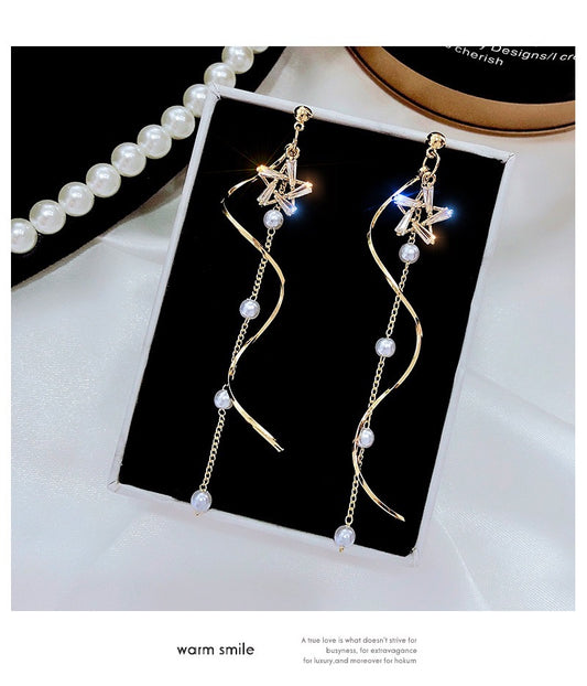 Single Star with Slinky Wave and Pearl Tassels Earrings