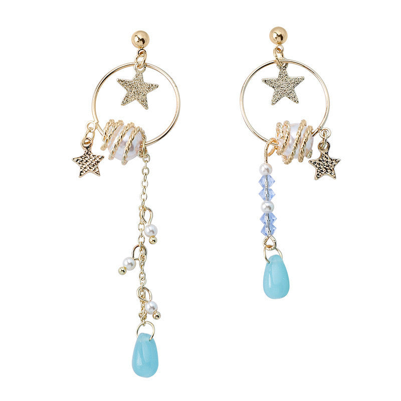 Asymmetric Hoop with Stars and Pearls Tassel Earrings