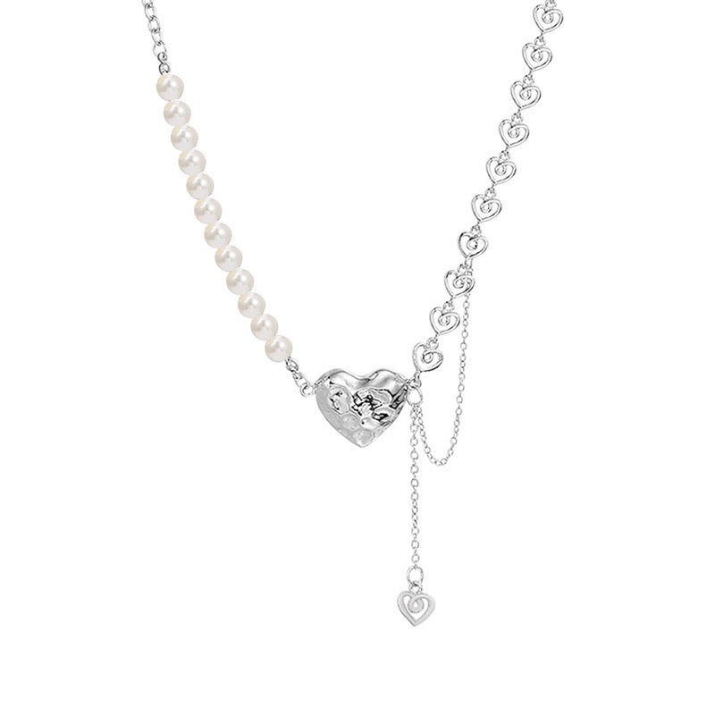 Multi-Hearts Joint Pearls with Single Heart Tassel Necklace