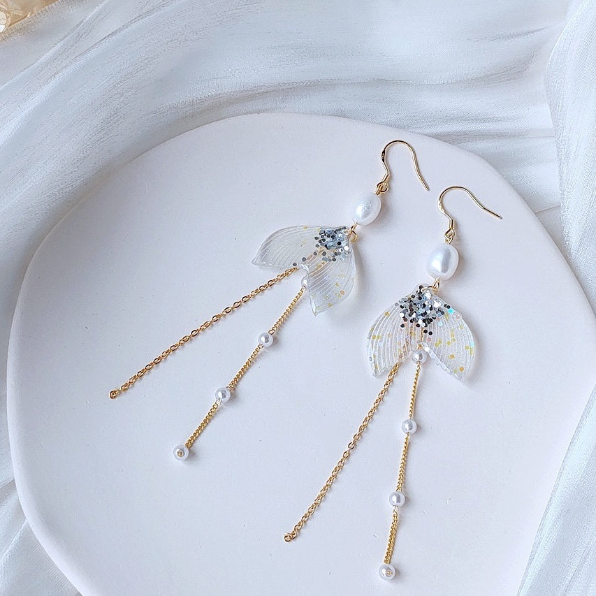 Shinny Fish Tail with Pearls Tassel Earrings
