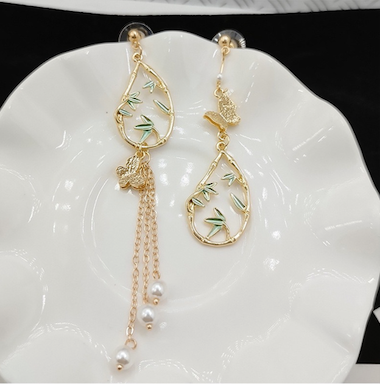 Asymmetric Butterfly and Bamboo with Pearls Earrings