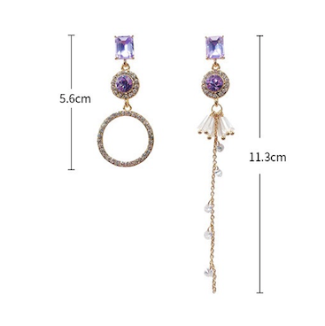 Shining Asymmetric Purple Square and Circle with Tassels Earrings